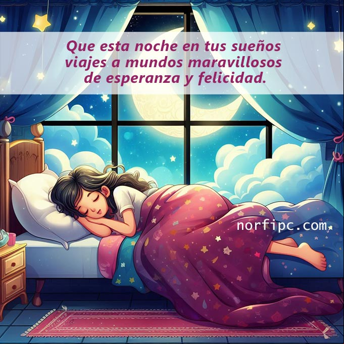 Que esta noche en tus sueños viajes a mundos maravillosos de esperanza y felicidad Chica durmiendo, detras la luna y las estrellas