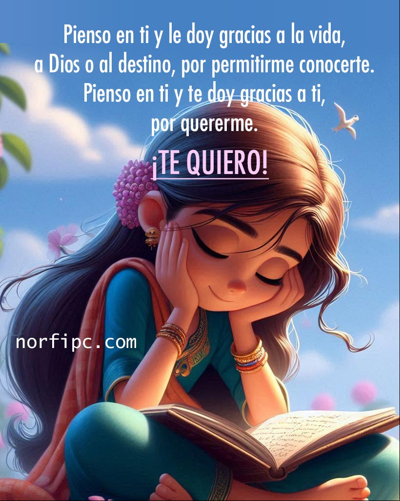 Pienso en ti y le doy gracias a la vida, a Dios o al destino, por permitirme conocerte. Pienso en ti y te doy gracias a ti, por quererme Chica sentada con la cabeza apoyada en una mano pensativa leyendo una carta,
