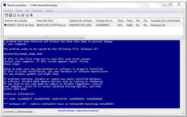 Copia de la pantalla azul mostrada por BlueScreenView Copia de la pantalla azul mostrada por BlueScreenView