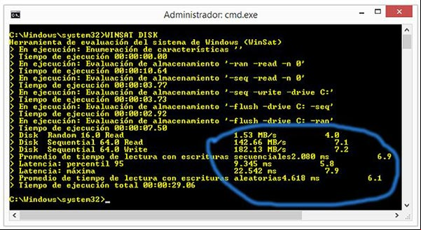 Resultado de la comprobación con el comando WINSAT DISK, del disco duro de la PC Resultado de la comprobación con el comando WINSAT DISK, del disco duro de la PC
