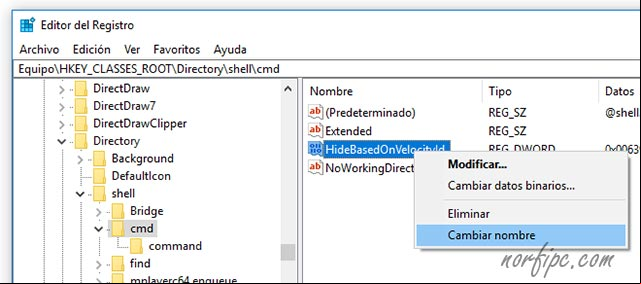Modificar clave del Registro para activar  a la ventana de comandos en Windows 10
